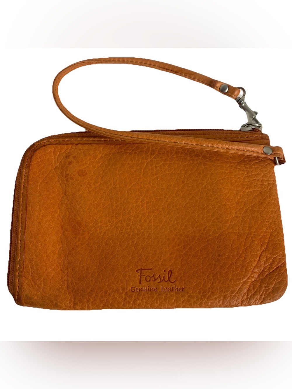 Fossil Leather Wristlet Zip 6.5”x5” Pebbled Orange Color UT Fan Fall Color